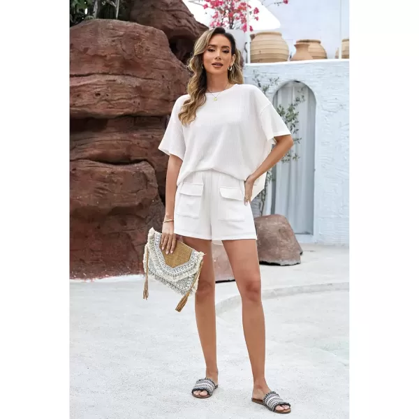 imageluvamia Lounge Sets for Women 2 Piece Casual Summer Outfit Knitted Tops Matching Shorts with Pockets Comfy Co Ord SetsCream White