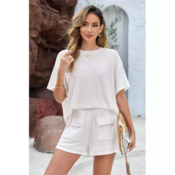 imageluvamia Lounge Sets for Women 2 Piece Casual Summer Outfit Knitted Tops Matching Shorts with Pockets Comfy Co Ord SetsCream White