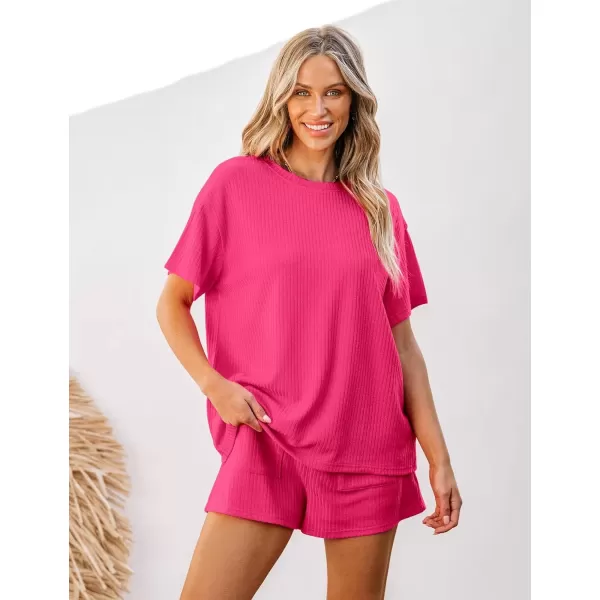 imageluvamia Lounge Sets for Women 2 Piece Casual Summer Outfit Knitted Tops Matching Shorts with Pockets Comfy Co Ord SetsHot Pink