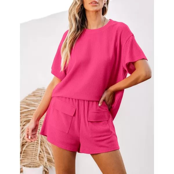 imageluvamia Lounge Sets for Women 2 Piece Casual Summer Outfit Knitted Tops Matching Shorts with Pockets Comfy Co Ord SetsHot Pink