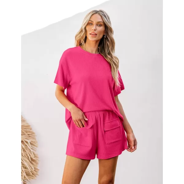 imageluvamia Lounge Sets for Women 2 Piece Casual Summer Outfit Knitted Tops Matching Shorts with Pockets Comfy Co Ord SetsHot Pink