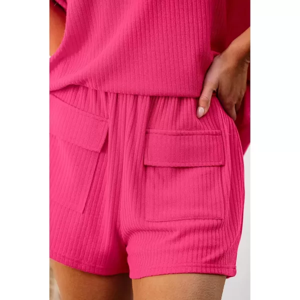 imageluvamia Lounge Sets for Women 2 Piece Casual Summer Outfit Knitted Tops Matching Shorts with Pockets Comfy Co Ord SetsHot Pink