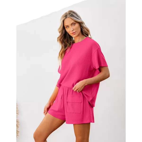 imageluvamia Lounge Sets for Women 2 Piece Casual Summer Outfit Knitted Tops Matching Shorts with Pockets Comfy Co Ord SetsHot Pink