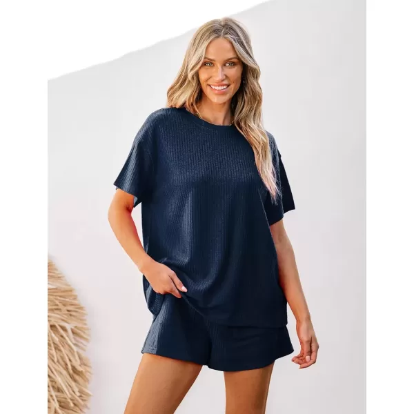 imageluvamia Lounge Sets for Women 2 Piece Casual Summer Outfit Knitted Tops Matching Shorts with Pockets Comfy Co Ord SetsNavy Blue