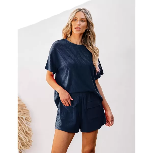 imageluvamia Lounge Sets for Women 2 Piece Casual Summer Outfit Knitted Tops Matching Shorts with Pockets Comfy Co Ord SetsNavy Blue