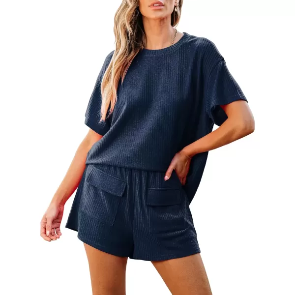 imageluvamia Lounge Sets for Women 2 Piece Casual Summer Outfit Knitted Tops Matching Shorts with Pockets Comfy Co Ord SetsNavy Blue