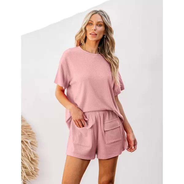 imageluvamia Lounge Sets for Women 2 Piece Casual Summer Outfit Knitted Tops Matching Shorts with Pockets Comfy Co Ord SetsRose Pink