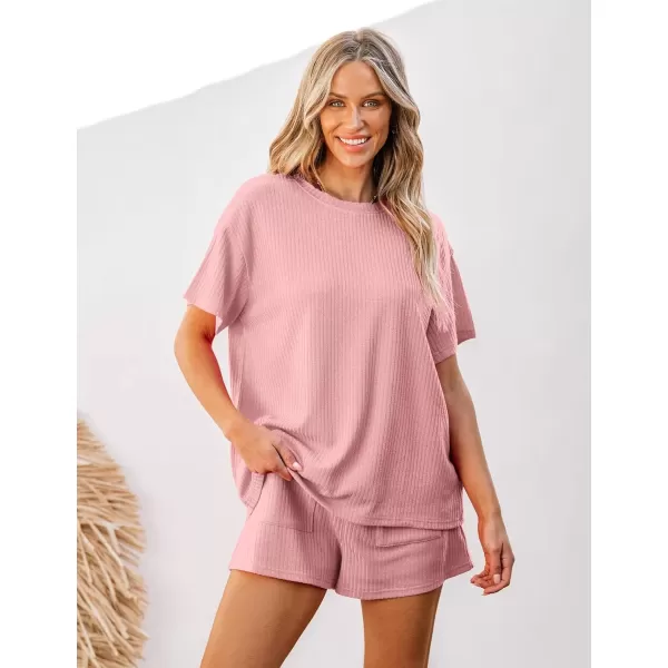 imageluvamia Lounge Sets for Women 2 Piece Casual Summer Outfit Knitted Tops Matching Shorts with Pockets Comfy Co Ord SetsRose Pink