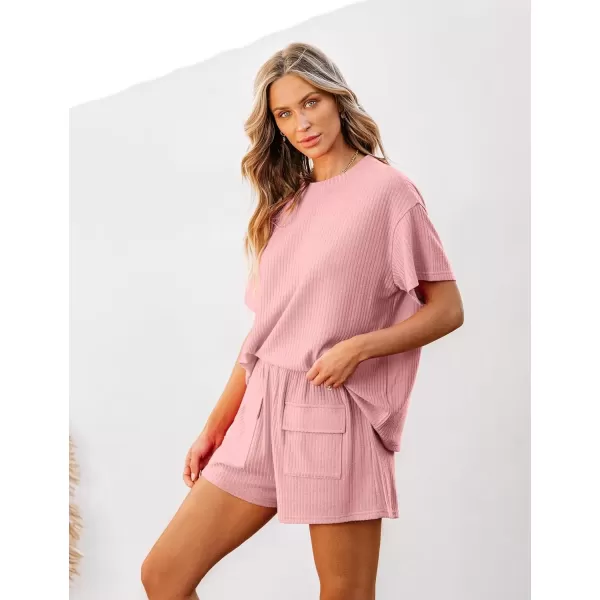 imageluvamia Lounge Sets for Women 2 Piece Casual Summer Outfit Knitted Tops Matching Shorts with Pockets Comfy Co Ord SetsRose Pink