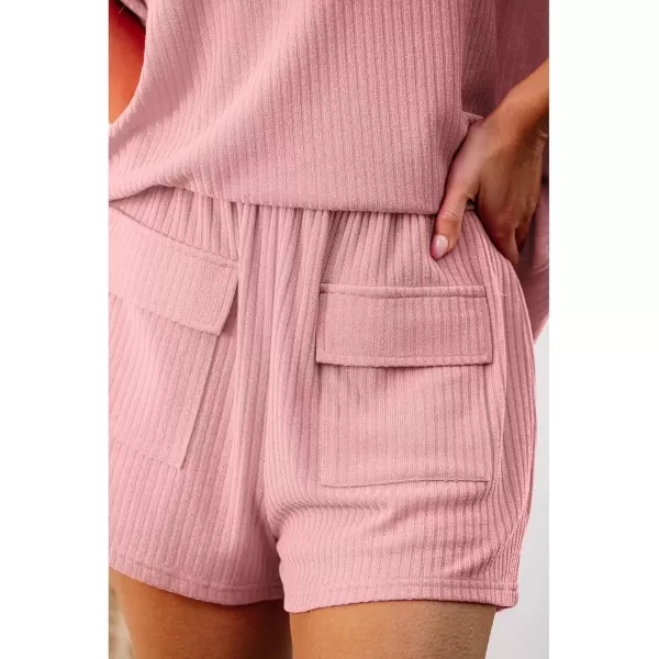 imageluvamia Lounge Sets for Women 2 Piece Casual Summer Outfit Knitted Tops Matching Shorts with Pockets Comfy Co Ord SetsRose Pink