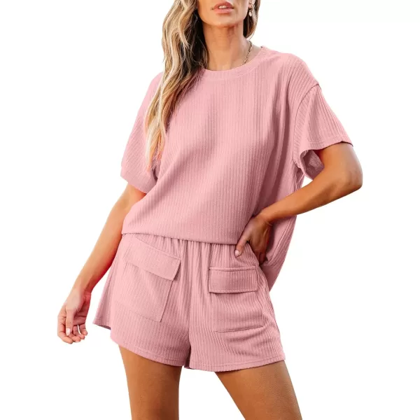 imageluvamia Lounge Sets for Women 2 Piece Casual Summer Outfit Knitted Tops Matching Shorts with Pockets Comfy Co Ord SetsRose Pink