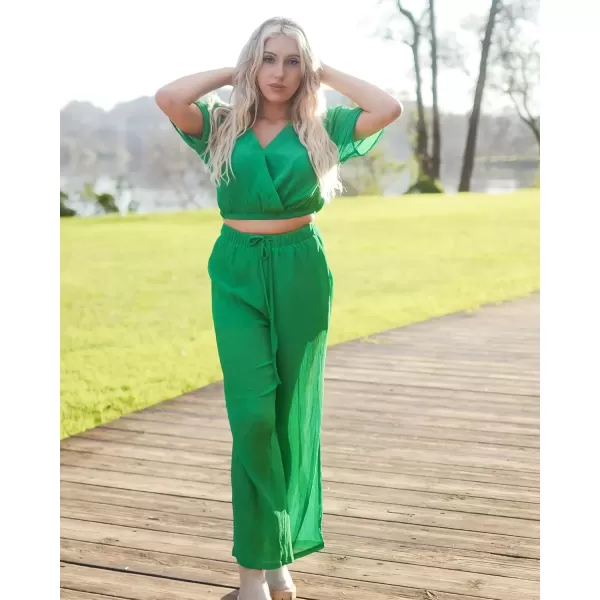 imageluvamia 2 Piece Outfits for Women Summer 2024 Faux Wrap Crop Top Elastic High Waisted Wide Leg Pants Set Beach VacationKelly Green