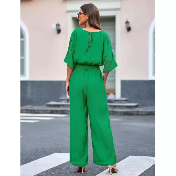 imageluvamia 2 Piece Outfits for Women Summer 2024 Faux Wrap Crop Top Elastic High Waisted Wide Leg Pants Set Beach VacationKelly Green