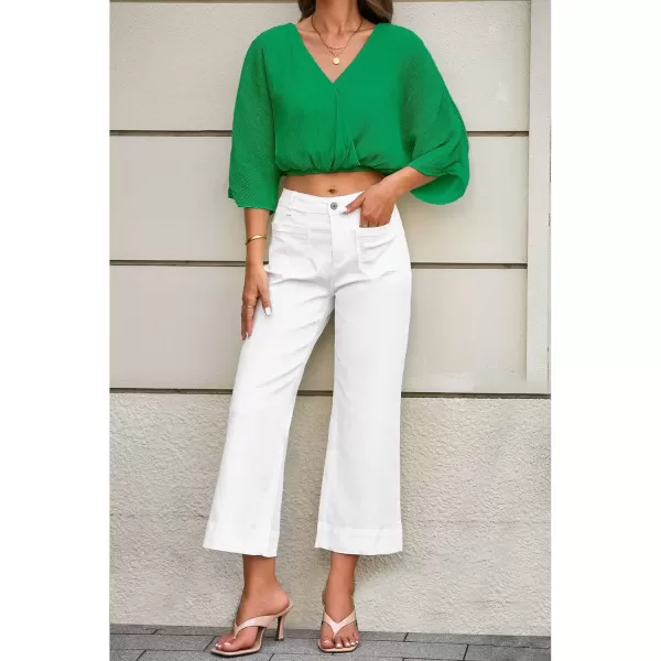 imageluvamia 2 Piece Outfits for Women Summer 2024 Faux Wrap Crop Top Elastic High Waisted Wide Leg Pants Set Beach VacationKelly Green