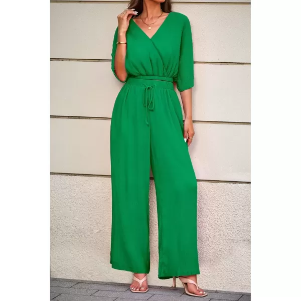 imageluvamia 2 Piece Outfits for Women Summer 2024 Faux Wrap Crop Top Elastic High Waisted Wide Leg Pants Set Beach VacationKelly Green