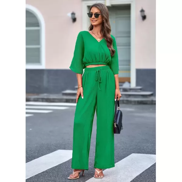 imageluvamia 2 Piece Outfits for Women Summer 2024 Faux Wrap Crop Top Elastic High Waisted Wide Leg Pants Set Beach VacationKelly Green