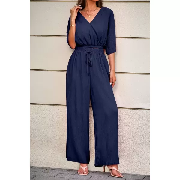 imageluvamia 2 Piece Outfits for Women Summer 2024 Faux Wrap Crop Top Elastic High Waisted Wide Leg Pants Set Beach VacationNavy Blue