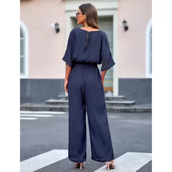 imageluvamia 2 Piece Outfits for Women Summer 2024 Faux Wrap Crop Top Elastic High Waisted Wide Leg Pants Set Beach VacationNavy Blue