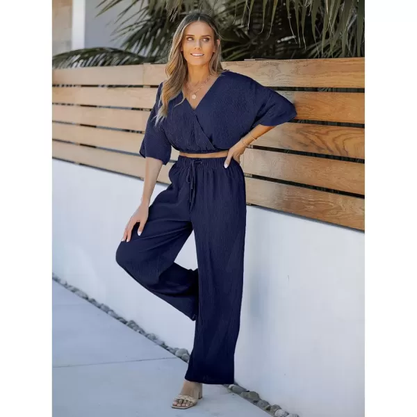 imageluvamia 2 Piece Outfits for Women Summer 2024 Faux Wrap Crop Top Elastic High Waisted Wide Leg Pants Set Beach VacationNavy Blue