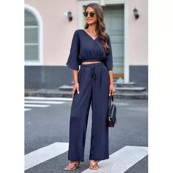 imageluvamia 2 Piece Outfits for Women Summer 2024 Faux Wrap Crop Top Elastic High Waisted Wide Leg Pants Set Beach VacationNavy Blue