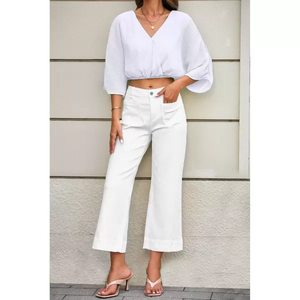 imageluvamia 2 Piece Outfits for Women Summer 2024 Faux Wrap Crop Top Elastic High Waisted Wide Leg Pants Set Beach VacationWhite