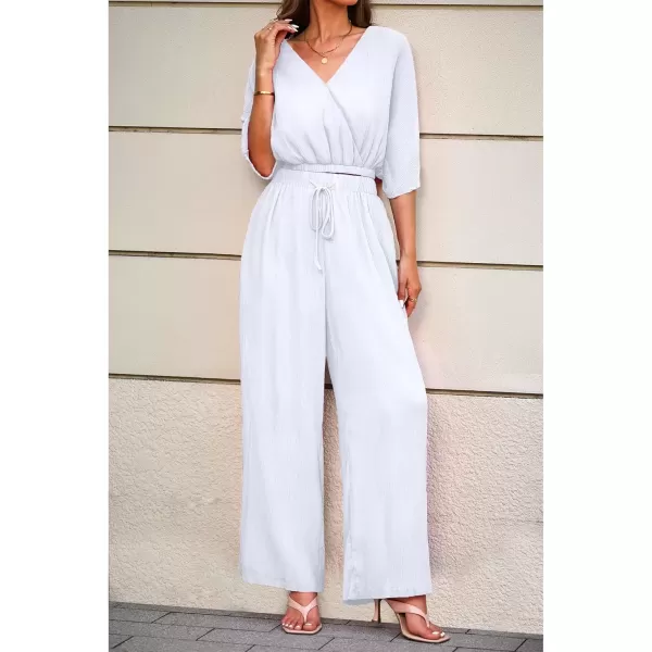 imageluvamia 2 Piece Outfits for Women Summer 2024 Faux Wrap Crop Top Elastic High Waisted Wide Leg Pants Set Beach VacationWhite