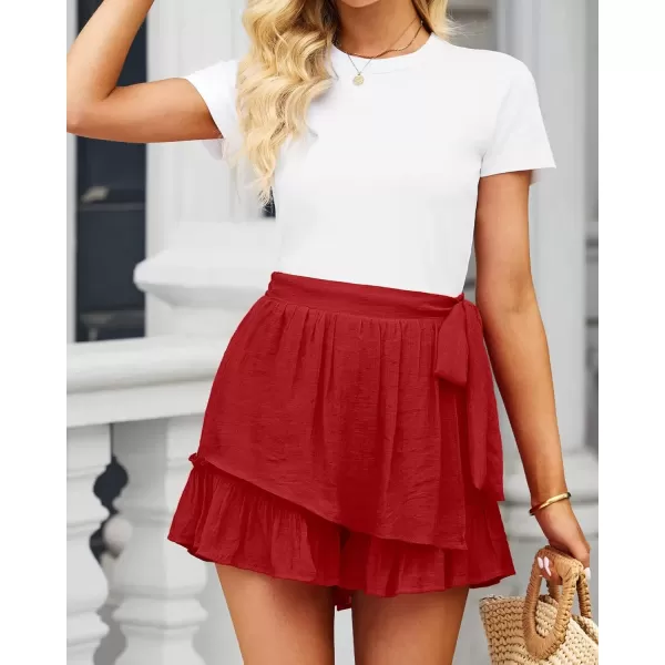 imageluvamia 2023 Womens Shorts for Summer Casual Flowy Shorts High Waisted Ruffle Wrap Skorts Pull On Elastic Waist VacationLuscious Red