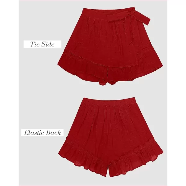 imageluvamia 2023 Womens Shorts for Summer Casual Flowy Shorts High Waisted Ruffle Wrap Skorts Pull On Elastic Waist VacationLuscious Red