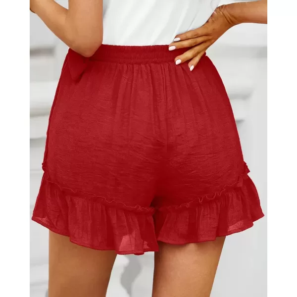 imageluvamia 2023 Womens Shorts for Summer Casual Flowy Shorts High Waisted Ruffle Wrap Skorts Pull On Elastic Waist VacationLuscious Red