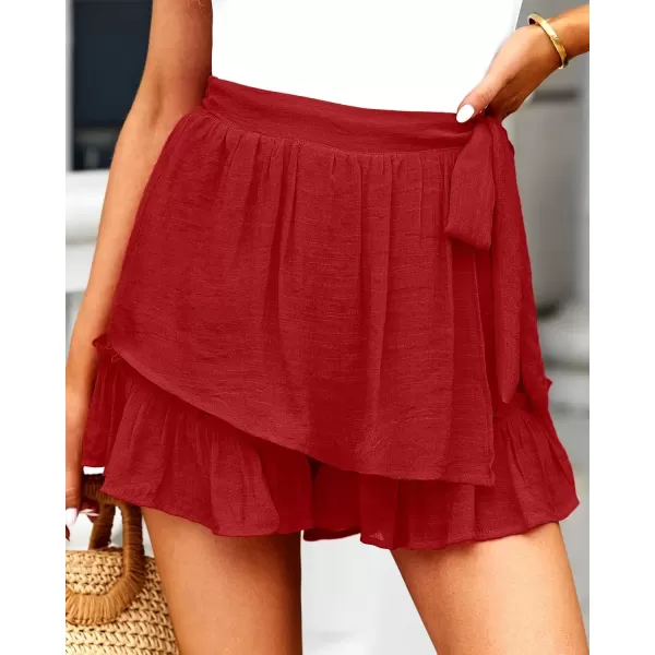 imageluvamia 2023 Womens Shorts for Summer Casual Flowy Shorts High Waisted Ruffle Wrap Skorts Pull On Elastic Waist VacationLuscious Red