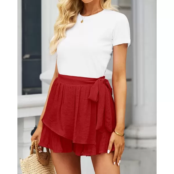 imageluvamia 2023 Womens Shorts for Summer Casual Flowy Shorts High Waisted Ruffle Wrap Skorts Pull On Elastic Waist VacationLuscious Red