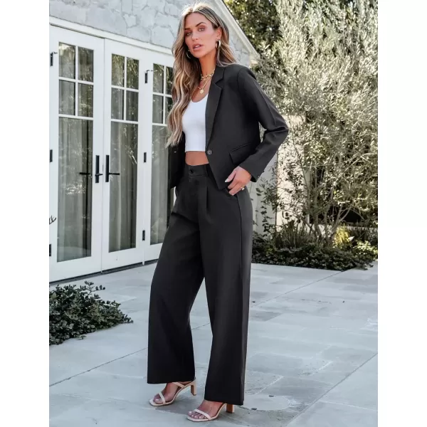 imageluvamia Suits for Women 2 Piece Sets Business Casual Outfits Dressy Cropped Blazer Wide Leg Pants Suit Office WorkBlack