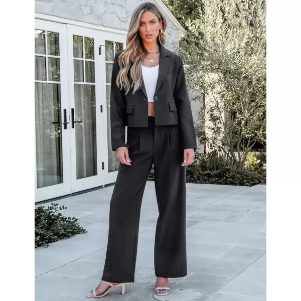 imageluvamia Suits for Women 2 Piece Sets Business Casual Outfits Dressy Cropped Blazer Wide Leg Pants Suit Office WorkBlack