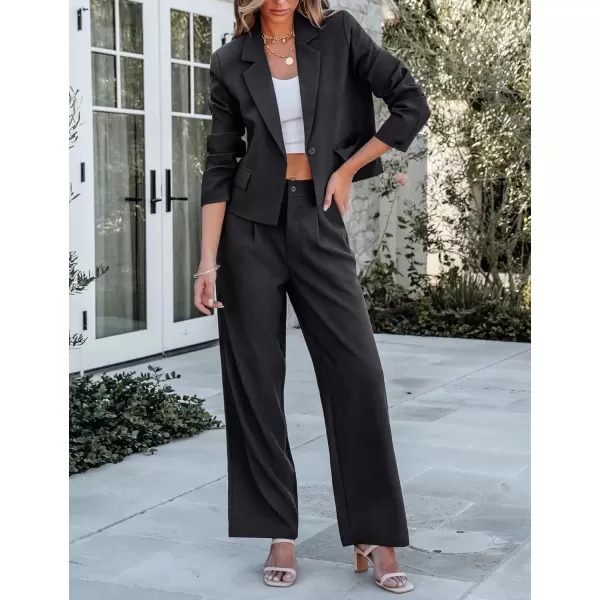 imageluvamia Suits for Women 2 Piece Sets Business Casual Outfits Dressy Cropped Blazer Wide Leg Pants Suit Office WorkBlack