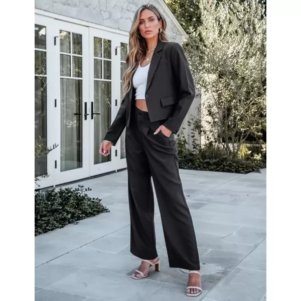 imageluvamia Suits for Women 2 Piece Sets Business Casual Outfits Dressy Cropped Blazer Wide Leg Pants Suit Office WorkBlack