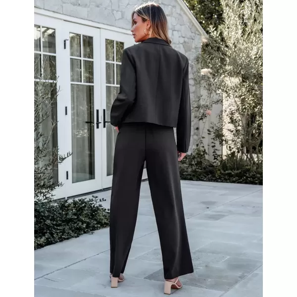 imageluvamia Suits for Women 2 Piece Sets Business Casual Outfits Dressy Cropped Blazer Wide Leg Pants Suit Office WorkBlack