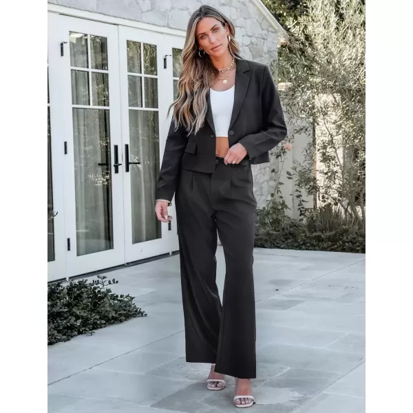 imageluvamia Suits for Women 2 Piece Sets Business Casual Outfits Dressy Cropped Blazer Wide Leg Pants Suit Office WorkBlack