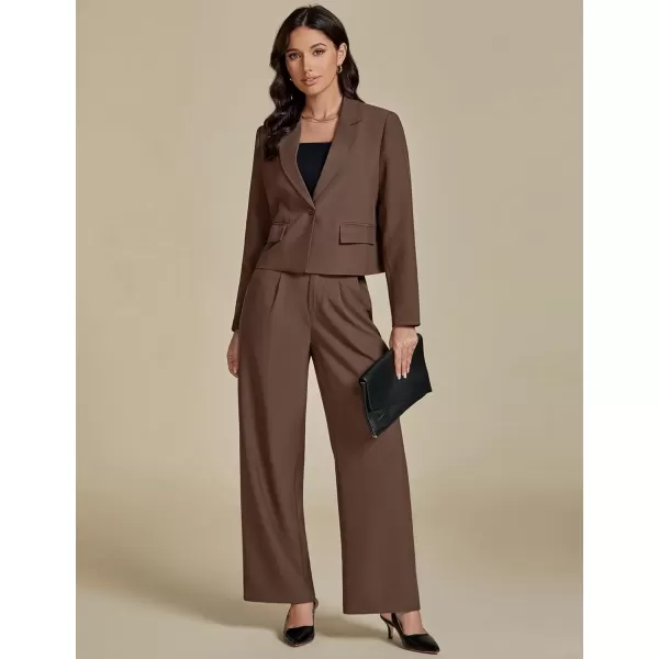 imageluvamia Suits for Women 2 Piece Sets Business Casual Outfits Dressy Cropped Blazer Wide Leg Pants Suit Office WorkBrown