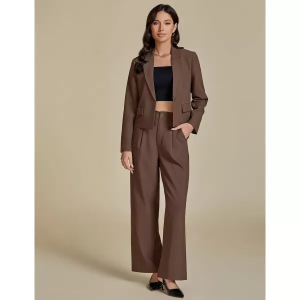 imageluvamia Suits for Women 2 Piece Sets Business Casual Outfits Dressy Cropped Blazer Wide Leg Pants Suit Office WorkBrown