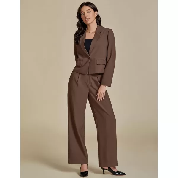 imageluvamia Suits for Women 2 Piece Sets Business Casual Outfits Dressy Cropped Blazer Wide Leg Pants Suit Office WorkBrown