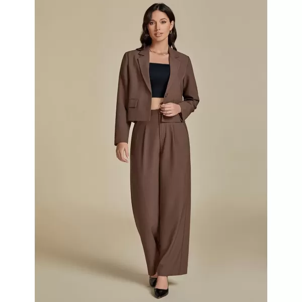 imageluvamia Suits for Women 2 Piece Sets Business Casual Outfits Dressy Cropped Blazer Wide Leg Pants Suit Office WorkBrown