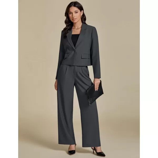 imageluvamia Suits for Women 2 Piece Sets Business Casual Outfits Dressy Cropped Blazer Wide Leg Pants Suit Office WorkDark Grey