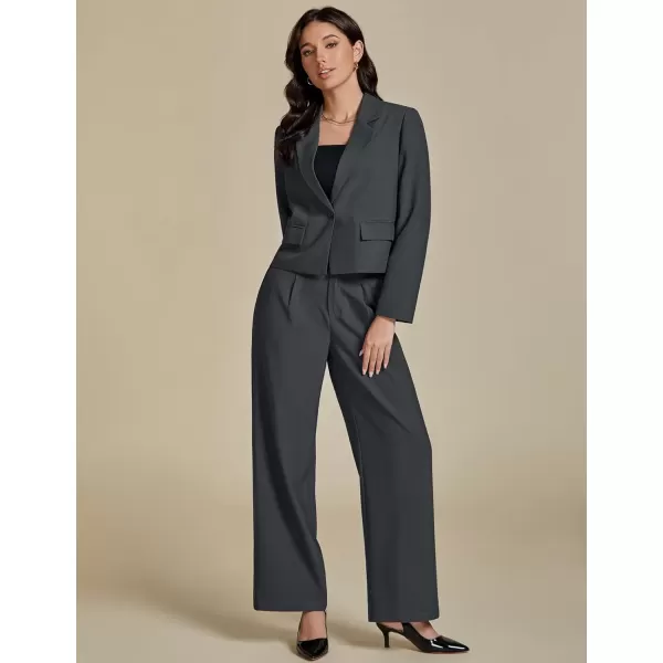 imageluvamia Suits for Women 2 Piece Sets Business Casual Outfits Dressy Cropped Blazer Wide Leg Pants Suit Office WorkDark Grey