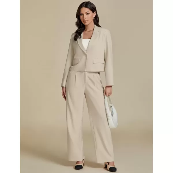 imageluvamia Suits for Women 2 Piece Sets Business Casual Outfits Dressy Cropped Blazer Wide Leg Pants Suit Office WorkLight Beige