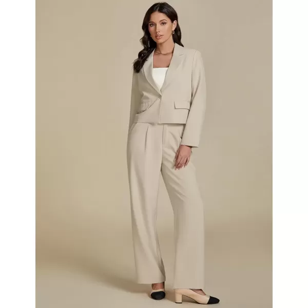 imageluvamia Suits for Women 2 Piece Sets Business Casual Outfits Dressy Cropped Blazer Wide Leg Pants Suit Office WorkLight Beige