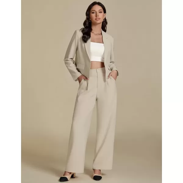 imageluvamia Suits for Women 2 Piece Sets Business Casual Outfits Dressy Cropped Blazer Wide Leg Pants Suit Office WorkLight Beige