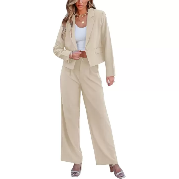 imageluvamia Suits for Women 2 Piece Sets Business Casual Outfits Dressy Cropped Blazer Wide Leg Pants Suit Office WorkLight Beige