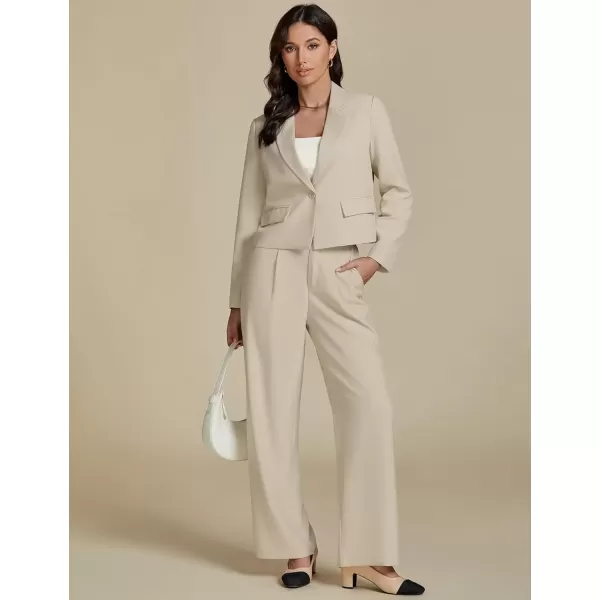 imageluvamia Suits for Women 2 Piece Sets Business Casual Outfits Dressy Cropped Blazer Wide Leg Pants Suit Office WorkLight Beige