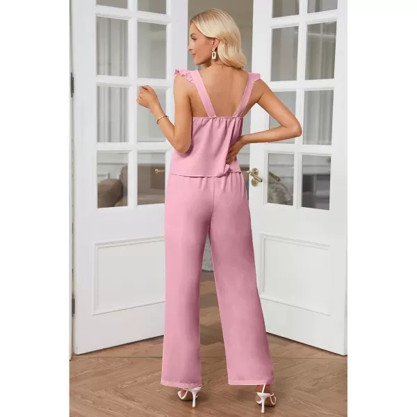 imageluvamia Two Piece Outfits for Women Flowy Square Neck Top High Waisted Wide Leg Pants with Pockets Vacation 2 Piece SetsCameo Pink