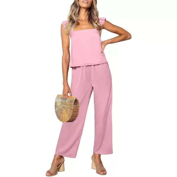 imageluvamia Two Piece Outfits for Women Flowy Square Neck Top High Waisted Wide Leg Pants with Pockets Vacation 2 Piece SetsCameo Pink